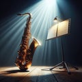 A musical instrument: saxophone, sits on alone on stage ready to play, under a strong single spotlight