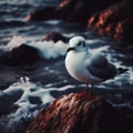 Seagull sits perched on a rock at shoreline Royalty Free Stock Photo