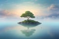 Solitary Serenity: Tranquil Scene with a Single Tree on an Island, Reflecting Clouds and Sky in Water