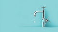 Minimalist stainless steel tap with water droplet on blue background. perfect for clean design concepts. simple elegance Royalty Free Stock Photo