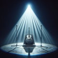 A musical instrument: steel guitar, sits on alone on stage ready to play, under a strong single spotlight