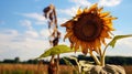 Solitary sunflower wilts sadly