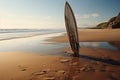 Solitary surfboard on an untouched and serene wild beach
