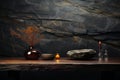 Solitary table, polished stone, inky counter, against dim backdrop