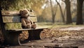 a solitary teddy bear seated on a weathered park table,