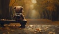 a solitary teddy bear seated on a weathered park table,