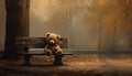 a solitary teddy bear seated on a weathered park table,