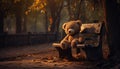 a solitary teddy bear seated on a weathered park table,