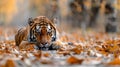 Majestic solitary tiger prowls through the untamed wilderness, its piercing gaze fixed on its surroundings Royalty Free Stock Photo