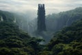 Solitary tower rising above the dense canopy of