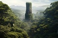 Solitary tower rising above the dense canopy of