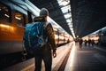 A solitary traveler, laden with a backpack, strides confidently in the train station