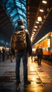 A solitary traveler, laden with a backpack, strides confidently in the train station