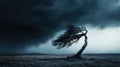 a solitary tree bends under hurricane-force winds in an empty field, highlighting the force of nature natures power Royalty Free Stock Photo