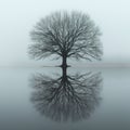 Solitary tree reflecting on a mist-covered lake Royalty Free Stock Photo