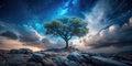 Solitary tree on rocky summit under a starry night sky with dramatic clouds. Generative AI Royalty Free Stock Photo