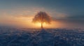 Solitary tree in snow covered field, winter morning realism with cold hues and sharp details Royalty Free Stock Photo