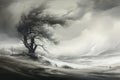 Solitary Tree Standing Against Tempestuous Skies in Monochrome Ink Wash Landscape. Generative AI