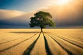 A solitary tree standing tall in the middle of a vast golden wheat field, under a clear blue sky Royalty Free Stock Photo