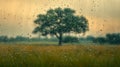 A solitary tree stands in a field, viewed through a rain-streaked window Royalty Free Stock Photo