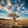 Solitary tree stands resilient in vast desert expanse, captivating solitude Royalty Free Stock Photo