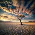 Solitary tree stands resilient in vast desert expanse, captivating solitude Royalty Free Stock Photo