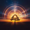 Majestic lone tree silhouetted against a vibrant sunset with ethereal glowing rings Royalty Free Stock Photo