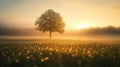 Solitary Tree Sunrise Mist Golden Field Royalty Free Stock Photo