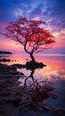 A solitary tree with vibrant red foliage stands on a rocky outcrop by a still lake reflecting the tree and sunset in purple hues Royalty Free Stock Photo