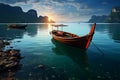 A solitary vessel peacefully navigates the serene river waterscape