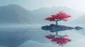 A solitary vibrant red tree on a small islet reflects into the still waters of a mist-enshrouded mountain lake at dawn Royalty Free Stock Photo