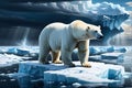 Solitary Vigil: Polar Bear Stranded on a Shrinking Ice Floe Amidst Vast Open Blue Water - Dramatic Lighting Highlights the Arctic