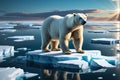 Solitary Vigil: Polar Bear Stranded on a Shrinking Ice Floe Amidst Vast Open Blue Water - Dramatic Lighting Highlights the Arctic