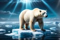 Solitary Vigil: Polar Bear Stranded on a Shrinking Ice Floe Amidst Vast Open Blue Water - Dramatic Lighting Highlights the Arctic