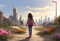 Solitary Wanderer: Young Girl in Dystopian Suburbia Royalty Free Stock Photo
