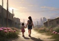 Solitary Wanderers: Young Girls in Dystopian Suburbia Royalty Free Stock Photo