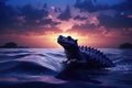 A solitary water dinosaur bobbing in the rhytmic waves captivated by the scenic beauty of the twilight sky.. AI