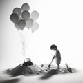 Solitary Whimsy: Monochrome Portrait of a Boy with Floating Balloon