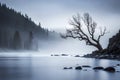 A solitary winter tree reflects on the calm lake, embodying serenity as snow blankets the landscape