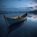 A solitary wooden boat on the calm surface of the lake under the tranquil blue hues of the twilight sky