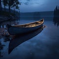 A solitary wooden boat on the calm surface of the lake under the tranquil blue hues of the twilight sky