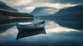 Solitary Wooden Boat Floating On A Calm Lake With Reflective Mountain Scenery. Generative AI Royalty Free Stock Photo