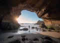 Solitude Amidst Nature\'s Sanctuary: Silhouette of a Man in a Beach Cave