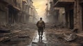 Solitude Amidst Ruin, The Resilient Soldier\'s Journey Through a Devastated City. Generative AI
