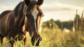 Solitude in the Blue Sky: a Majestic Mustang Horse Grazing in a Rural Meadow. Generative AI Royalty Free Stock Photo