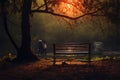 In solitude, a couple shares an isolated bench in mystical nature