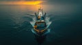 The solitude of a fishing boat in the vast open sea, minimalist capture. A day in the hard life of professional fishermen