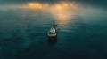 The solitude of a fishing boat in the vast open sea, minimalist capture. A day in the hard life of professional fishermen