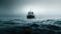 The solitude of a fishing boat in the vast open sea, minimalist capture. A day in the hard life of professional fishermen