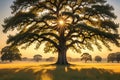 Solitude in Gold: Majestic Oak Tree Standing Alone in a Vibrant Sprawling Meadow During Golden Hour, Casting Long Shadows